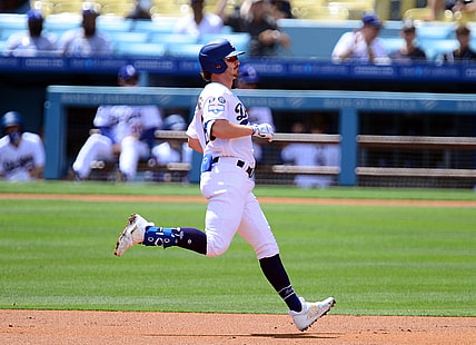 Apr 11, 2021; Los Angeles, California, USA; Los Angeles Dodgers left fielder Zach McKinstry (8) reaches second on an RBI double against the Washington Nationals during the second inning at Dodger Stadium. Mandatory Credit: Gary A. Vasquez-USA TODAY Sports