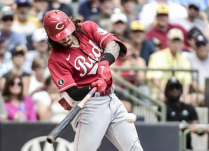 Aug 26, 2021; Milwaukee, Wisconsin, USA; Cincinnati Reds second baseman Jonathan India (6) hits a 3-run homer in the fifth inning against the Milwaukee Brewers at American Family Field. Mandatory Credit: Benny Sieu-USA TODAY Sports