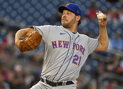 Sep 3, 2021; Washington, District of Columbia, USA; New York Mets starting pitcher Rich Hill (21) throws to the Washington Nationals during the first inning at Nationals Park. Mandatory Credit: Brad Mills-USA TODAY Sports