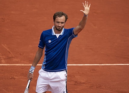 May 24, 2022; Paris, France; Daniil Medvedev after winning his match against Fecund Bagnis (ARG) on day three of the French Open at Stade Roland-Garros.Mandatory Credit: Susan Mullane-USA TODAY Sports
