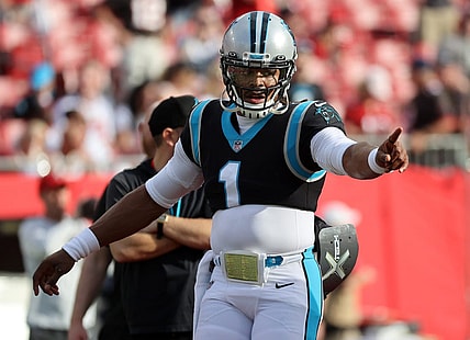 Jan 9, 2022; Tampa, Florida, USA;Carolina Panthers quarterback Cam Newton (1) against the Tampa Bay Buccaneers prior to the game at Raymond James Stadium. Mandatory Credit: Kim Klement-USA TODAY Sports