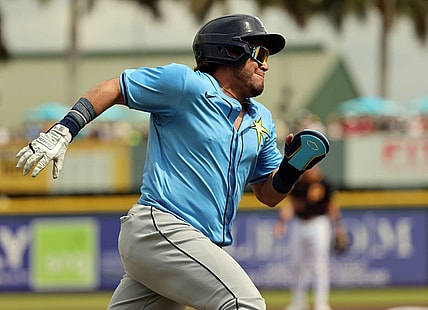 Mar 1, 2024; Bradenton, Florida, USA; Tampa Bay Rays first baseman Jonathan Aranda (62) runs home to score a run during the first inning against the Pittsburgh Pirates at LECOM Park. Mandatory Credit: Kim Klement Neitzel-USA TODAY Sports