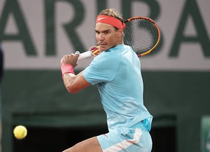 Oct 11, 2020;  Paris, France; Rafael Nadal (ESP) in action during his match against Novak Djokovic (SRB) on day 15 at Stade Roland Garros. Mandatory Credit: Susan Mullane-USA TODAY Sports