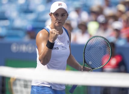 Aug 22, 2021; Mason, OH, USA; Ashleigh Barty (AUS) reacts to a shot during her match against  Jil Teichmann (SUI not pictured) during the Western and Southern Open final at the Lindner Family Tennis Center. Mandatory Credit: Susan Mullane-USA TODAY Sports