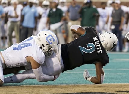 Sep 2, 2021; Conway, South Carolina, USA; Coastal Carolina Chanticleers running back Reese White (2) scores against Citadel Bulldogs defensive back Wilson Hendricks III (24) in the second quarter at Brooks Stadium. Mandatory Credit: David Yeazell-USA TODAY Sports
