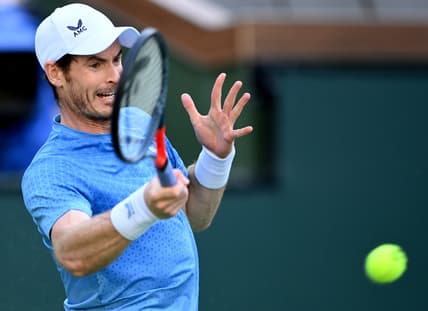 Oct 12, 2021; Indian Wells, CA, USA; Andy Murray (GBR) hits a shot against Alexander Zverev (GER) during a third round match in the BNP Paribas Open at the Indian Wells Tennis Garden. Mandatory Credit: Jayne Kamin-Oncea-USA TODAY Sports