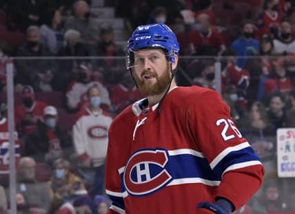 Mar 19, 2022; Montreal, Quebec, CAN; Montreal Canadiens defenseman Jeff Petry (26) skates during the warmup period before the game against the Ottawa Senators at the Bell Centre. Mandatory Credit: Eric Bolte-USA TODAY Sports