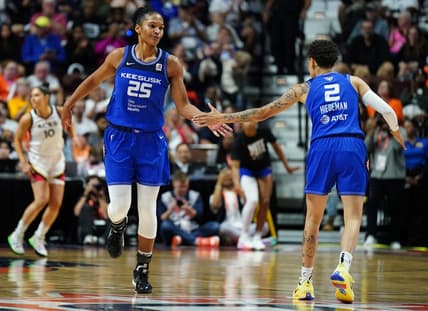 Sep 15, 2022; Uncasville, Connecticut, USA; Connecticut Sun forward Alyssa Thomas (25) reacts with guard Natisha Hiedeman (2) after her basket against the Las Vegas Aces in the second half during game three of the 2022 WNBA Finals at Mohegan Sun Arena. Mandatory Credit: David Butler II-USA TODAY Sports