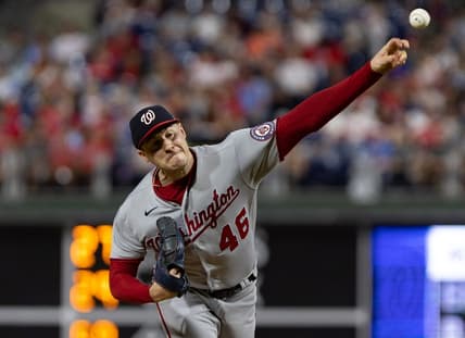 Sep 9, 2022; Philadelphia, Pennsylvania, USA; Washington Nationals starting pitcher Patrick Corbin (46) throws a pitch during the fourth inning against the Philadelphia Phillies at Citizens Bank Park. Mandatory Credit: Bill Streicher-USA TODAY Sports