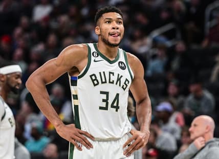 Nov 2, 2022; Milwaukee, Wisconsin, USA;  Milwaukee Bucks forward Giannis Antetokounmpo (34) looks on during a timeout in the second quarter during game against the Detroit Pistons at Fiserv Forum. Mandatory Credit: Benny Sieu-USA TODAY Sports