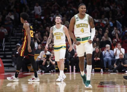 Nov 25, 2022; Houston, Texas, USA; Houston Rockets guard Jalen Green (4) reacts to his basket against the Atlanta Hawks in the fourth quarter at Toyota Center. Mandatory Credit: Thomas Shea-USA TODAY Sports