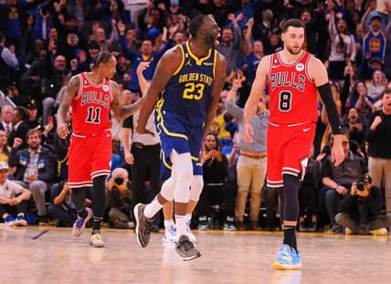 Dec 2, 2022; San Francisco, California, USA; Golden State Warriors power forward Draymond Green (23) celebrates after scoring a basket against the Chicago Bulls during the fourth quarter at Chase Center. Mandatory Credit: Kelley L Cox-USA TODAY Sports