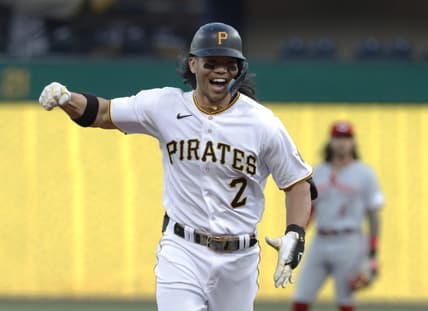 Apr 20, 2023; Pittsburgh, Pennsylvania, USA;  Pittsburgh Pirates right fielder Connor Joe (2) reacts as he circles the bases on a three run home run against the Cincinnati Reds during the first inning at PNC Park. Mandatory Credit: Charles LeClaire-USA TODAY Sports