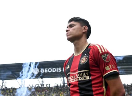 Apr 29, 2023; Nashville, Tennessee, USA; Atlanta United midfielder Luiz Araujo (10) before the match against the Nashville SC at Geodis Park. Mandatory Credit: Christopher Hanewinckel-USA TODAY Sports