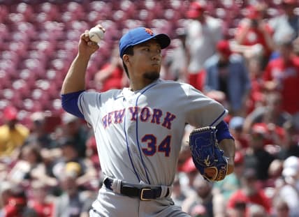 May 11, 2023; Cincinnati, Ohio, USA; New York Mets starting pitcher Kodai Senga (34) throws against the Cincinnati Reds during the first inning at Great American Ball Park. Mandatory Credit: David Kohl-USA TODAY Sports