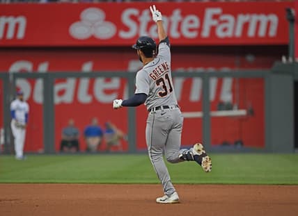 May 24, 2023; Kansas City, Missouri, USA; Detroit Tigers center fielder Riley Greene (31) rounds the bases after hitting a solo home run during the fourth inning against the Kansas City Royals at Kauffman Stadium. Mandatory Credit: Peter Aiken-USA TODAY Sports