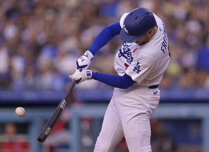 May 29, 2023; Los Angeles, California, USA;  Los Angeles Dodgers first baseman Freddie Freeman (5) doubles in two runs in the fifth against the Washington Nationals at Dodger Stadium. Mandatory Credit: Jayne Kamin-Oncea-USA TODAY Sports