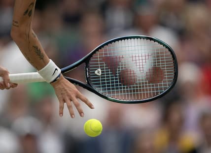 Jul 15, 2023; London, United Kingdom; Marketa Vondrousova (CZE) bounces the ball prior to serving during the women   s final against Ons Jabeur (TUN) on day 13 at the All England Lawn Tennis and Croquet Club. Mandatory Credit: Susan Mullane-USA TODAY Sports