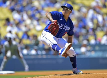 Aug 13, 2023; Los Angeles, California, USA;  Los Angeles Dodgers starting pitcher Julio Urias (7) throws to the plate in the first inning against the Colorado Rockies at Dodger Stadium. Mandatory Credit: Jayne Kamin-Oncea-USA TODAY Sports