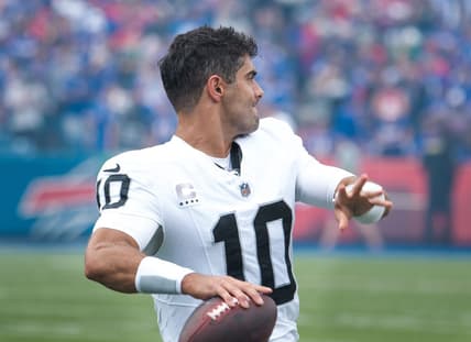 Sep 17, 2023; Orchard Park, New York, USA; Las Vegas Raiders quarterback Jimmy Garoppolo (10) warms up before a game against the Buffalo Bills at Highmark Stadium. Mandatory Credit: Mark Konezny-USA TODAY Sports