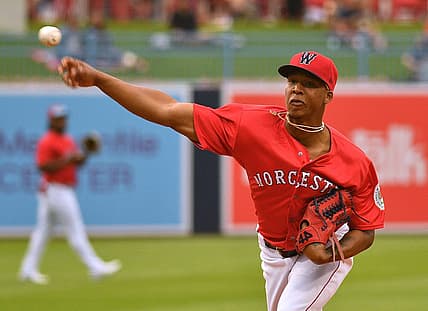 Worcester Red Sox pitching prospect Brayan Bello throws a pitch during Wedneday's game against the Toledo Mud Hens.

CP 2