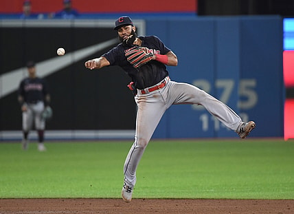 Aug 5, 2021; Toronto, Ontario, CAN;  Cleveland Indians shortstop Amed Rosario (1) throws to retire Toronto Blue Jays center fielder George Springer (not shown) in the sixth inning at Rogers Centre. Mandatory Credit: Dan Hamilton-USA TODAY Sports