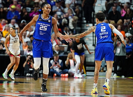 Sep 15, 2022; Uncasville, Connecticut, USA; Connecticut Sun forward Alyssa Thomas (25) reacts with guard Natisha Hiedeman (2) after her basket against the Las Vegas Aces in the second half during game three of the 2022 WNBA Finals at Mohegan Sun Arena. Mandatory Credit: David Butler II-USA TODAY Sports