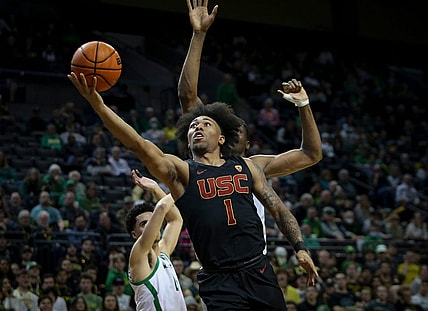 USC guard Malik Thomas puts up a shot as the Oregon Ducks host the Southern California Trojans Thursday, Feb. 9, 2023, at Matthew Knight Arena in Eugene, Ore.

Ncaa Basketball Usc At Oregon Mbb Southern California At Oregon