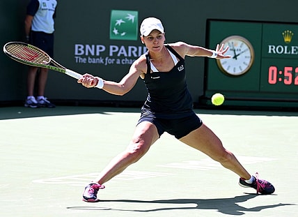 Mar 17, 2022; Indian Wells, CA, USA;   Veronika Kudermetova (RUS) hits a shot against Paula Badosa (ESP) at the BNP Paribas Open at the Indian Wells Tennis Garden. Mandatory Credit: Jayne Kamin-Oncea-USA TODAY Sports
