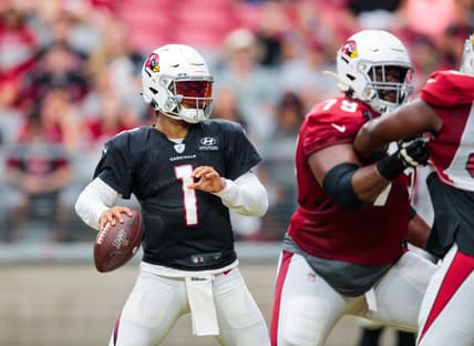 Aug 1, 2019; Glendale, AZ, USA; Arizona Cardinals quarterback Kyler Murray (1) during trading camp practice at State Farm Stadium. Mandatory Credit: Mark J. Rebilas-USA TODAY Sports