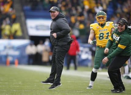 Jan 11, 2020; Frisco, Texas, USA; North Dakota State Bison head coach Matt Entz reacts to a touchdown on a fake field goal in the second quarter against the James Madison Dukes at Toyota Stadium. Mandatory Credit: Tim Heitman-USA TODAY Sports