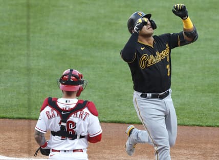 Apr 5, 2021; Cincinnati, Ohio, USA; Pittsburgh Pirates third baseman Phillip Evans (24) reacts after hitting a solo home run against the Cincinnati Reds during the first inning at Great American Ball Park. Mandatory Credit: David Kohl-USA TODAY Sports