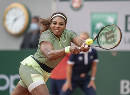 Jun 2, 2021; Paris, France;  Serena Williams (USA) in action during her match against Mihaela Buzarnescu (ROU) on day four of the French Open at Stade Roland Garros. Mandatory Credit: Susan Mullane-USA TODAY Sports