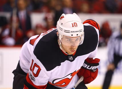 Dec 2, 2017; Glendale, AZ, USA; New Jersey Devils right wing Jimmy Hayes (10) against the Arizona Coyotes at Gila River Arena. Mandatory Credit: Mark J. Rebilas-USA TODAY Sports