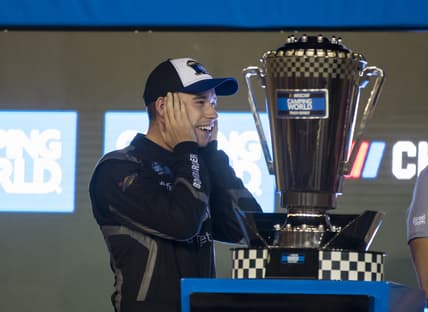 Nov 5, 2021; Avondale, AZ, USA; Camping World Truck Series driver Ben Rhodes celebrates after clinching the 2021 Truck Series championship following the Lucus Oil 150 Championship race at Phoenix Raceway. Mandatory Credit: Mark J. Rebilas-USA TODAY Sports