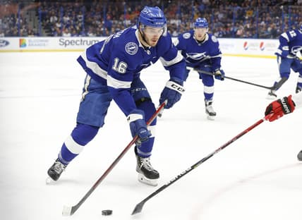 Nov 9, 2021; Tampa, Florida, USA; Tampa Bay Lightning right wing Taylor Raddysh (16) skates with the puck against the Carolina Hurricanes during the first period at Amalie Arena. Mandatory Credit: Kim Klement-USA TODAY Sports