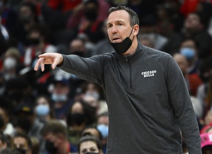 Jan 1, 2022; Washington, District of Columbia, USA; Chicago Bulls coach Chris Fleming gestures against the Washington Wizards during the second half at Capital One Arena. Mandatory Credit: Brad Mills-USA TODAY Sports