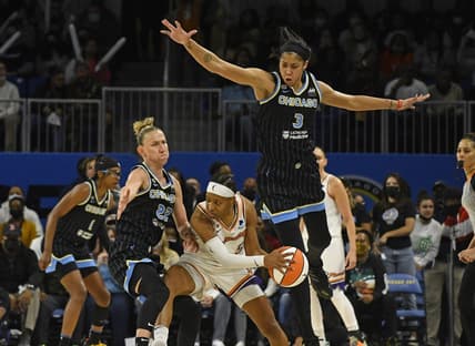 Oct 17, 2021; Chicago, Illinois, USA; Chicago Sky guard Courtney Vandersloot (22) and Chicago Sky forward/center Candace Parker (3) block Phoenix Mercury guard Shey Peddy (5) during the second half of game four of the 2021 WNBA Finals at Wintrust Arena. Mandatory Credit: Matt Marton-USA TODAY Sports