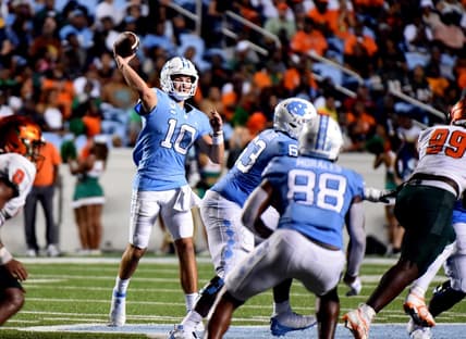 Aug 27, 2022; Chapel Hill, North Carolina, USA;North Carolina Tar Heels quarterback Drake Maye (10) throws a pass against the Florida A&M Rattlers during the second half at Kenan Memorial Stadium. Mandatory Credit: Rob Kinnan-USA TODAY Sports