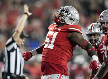 Sep 3, 2022; Columbus, Ohio, USA; Ohio State Buckeyes defensive tackle Michael Hall Jr. (51) celebrates after sacking Notre Dame Fighting Irish quarterback Tyler Buchner (not pictured) in the fourth quarter at Ohio Stadium. Mandatory Credit: Kyle Robertson-USA TODAY Sports