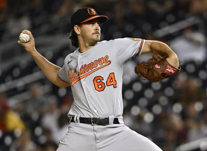 Sep 13, 2022; Washington, District of Columbia, USA; Baltimore Orioles starting pitcher Dean Kremer (64) throws to the Washington Nationals during the second inning at Nationals Park. Mandatory Credit: Brad Mills-USA TODAY Sports