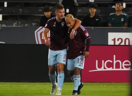 Sep 14, 2022; Commerce City, Colorado, USA; Colorado Rapids forward Diego Rubio (11) celebrates his goal with forward Michael Barrios (12) in the first half against the San Jose Earthquakes at Dick's Sporting Goods Park. Mandatory Credit: Ron Chenoy-USA TODAY Sports