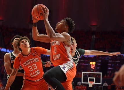 Jan 13, 2023; Champaign, Illinois, USA; Illinois Fighting Illini guard Terrence Shannon Jr. (0) drives to the basket during the first half against the Michigan State Spartans at State Farm Center. Mandatory Credit: Ron Johnson-USA TODAY Sports