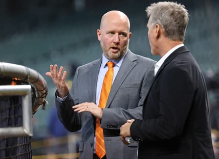 Oct 19, 2022; Houston, Texas, USA; Houston Astros general manger James Click (left) talks with former player Craig Biggio before game one of the ALCS for the 2022 MLB Playoffs against the New York Yankees at Minute Maid Park. Mandatory Credit: Troy Taormina-USA TODAY Sports