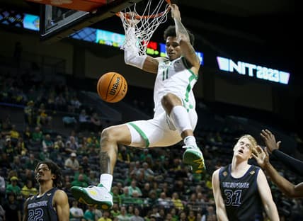 Oregon guard Rivaldo Soares dunks during the second half as the Oregon Ducks take on UC Irvine in their NIT opener Wednesday, March 15, 2023, at Matthew Knight Arena in Eugene, Ore.

Ncaa Basketball Oregon Men S Basketball Nit Opener Uc Irvine At Oregon