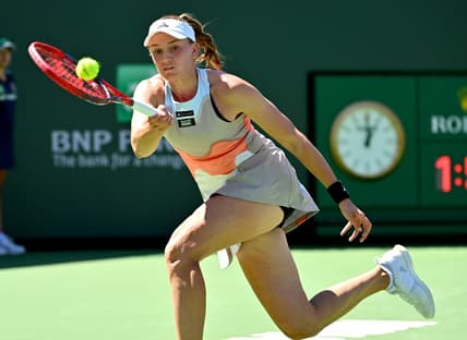 Mar 16, 2023; Indian Wells, CA, USA;  Elena Rybakina (KAZ) hits a shot in her quarterfinal match as she defeated Karolina Muchova (CZE) in the BNP Paribas Open at the Indian Wells Tennis Garden. Mandatory Credit: Jayne Kamin-Oncea-USA TODAY Sports