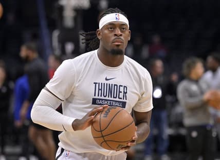 Mar 23, 2023; Los Angeles, California, USA; Oklahoma City Thunder guard Luguentz Dort (5) warms up prior to the game against the Los Angeles Clippers at Crypto.com Arena. Mandatory Credit: Jayne Kamin-Oncea-USA TODAY Sports