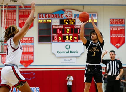 Elliot Cadeau of Link Academy, shoots a field goal during a game against the Legacy (Texas) Broncos in the Ozark Mountain Shootout at Glendale High School on Thursday, Dec. 8, 2022.

Tlink Academy00476