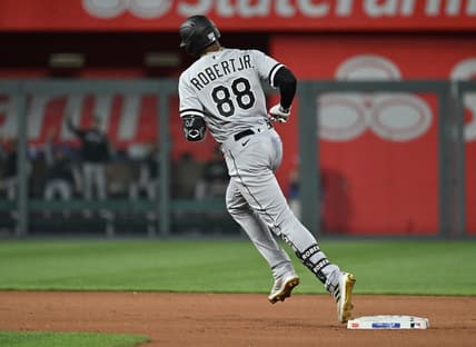 May 9, 2023; Kansas City, Missouri, USA;  Chicago White Sox center fielder Luis Robert Jr. (88) rounds the bases after hitting a solo home run during the fourth inning against the Kansas City Royals at Kauffman Stadium. Mandatory Credit: Peter Aiken-USA TODAY Sports