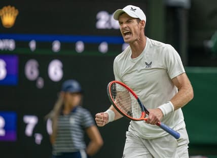 Jul 6, 2023; London, United Kingdom; Andy Murray (GBR) reacts to a point during his match against Stefanos Tsitsipas (GRE) on day four at the All England Lawn Tennis and Croquet Club.  Mandatory Credit: Susan Mullane-USA TODAY Sports